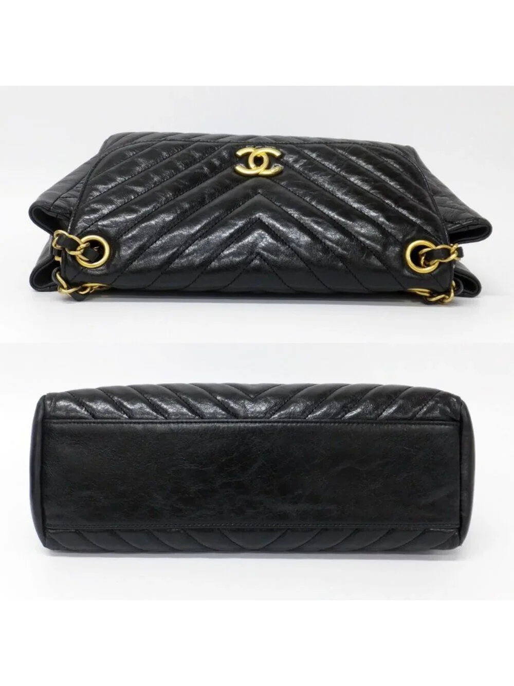 Chanel Chevron Classic Black Chain Shoulder Bag CC Logo Gold